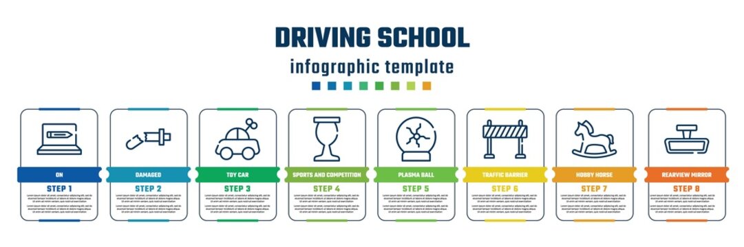 Driving School Concept Infographic Design Template. Included On, Damaged, Toy Car, Sports And Competition, Plasma Ball, Traffic Barrier, Hobby Horse, Rearview Mirror Icons And 8 Steps Or Options.