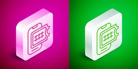 Isometric line Online ticket booking and buying app interface icon isolated on pink and green background. E-tickets ordering. Electronic train ticket on screen. Silver square button. Vector