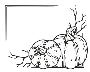 Autumn halloween corner decor with pumpkin and leaves. Happy halloween composition for poster design. Festive invitation and postcard