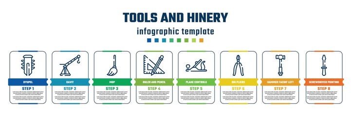 tools and hinery concept infographic design template. included dyupel, davit, mop, ruler and pencil, plane controls, big pliers, hammer facinf left, screwdriver pointing up icons and 8 steps or