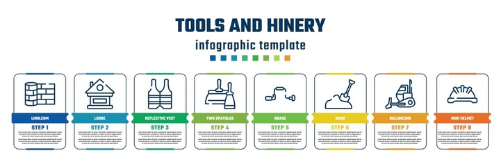 tools and hinery concept infographic design template. included linoleum, lodge, reflective vest, two spatulas, brace, sand, bulldozing, iron helmet icons and 8 steps or options.