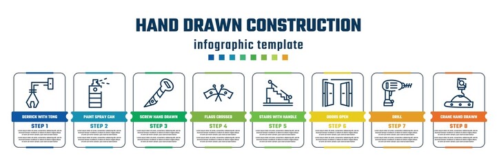 hand drawn construction concept infographic design template. included derrick with tong, paint spray can, screw hand drawn tool, flags crossed, stairs with handle, doors open, drill, crane hand