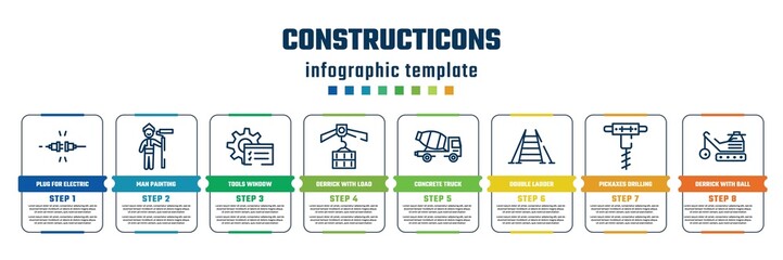 constructicons concept infographic design template. included plug for electric connection, man painting, tools window, derrick with load, concrete truck, double ladder, pickaxes drilling, derrick
