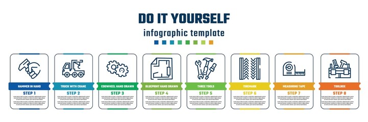 do it yourself concept infographic design template. included hammer in hand, truck with crane, cogwheel hand drawn tool, blueprint hand drawn tool, three tools, tiremark, measuring tape, toolbox