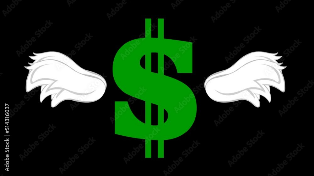 Poster loop animation of a winged dollar sign, flapping its wings. on a transparent background
