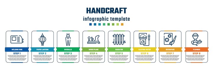 handcraft concept infographic design template. included welding hine, paper lantern, overalls, wood plane, radiator, electric meter, decoupage, plumber icons and 8 steps or options.