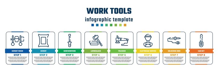 work tools concept infographic design template. included cement mixer, cement, screwdrivers, lumberjack, polisher, electrician service, soldering iron, car key icons and 8 steps or options.