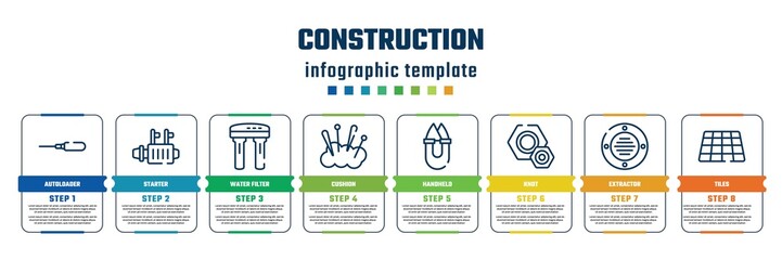 construction concept infographic design template. included autoloader, starter, water filter, cushion, handheld, knot, extractor, tiles icons and 8 steps or options.