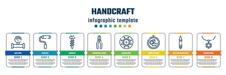 handcraft concept infographic design template. included gas pipe, painted, screws, crimping pliers, beadwork, cross stitch, voltage indicator, rhinestone icons and 8 steps or options.