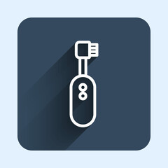 White line Electric toothbrush icon isolated with long shadow background. Blue square button. Vector