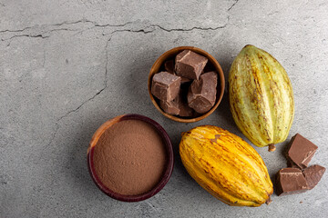 Cocoa with chocolate pieces and chocolate powder on the table.