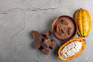 Cocoa with chocolate pieces and chocolate powder on the table.