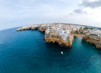 Panoramic aerial view with drone sight in Polignano a Mare, Bari Province, Apulia (Puglia), southern Italy