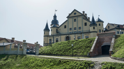 Public place of Nesvizh Castle, Belarus. Medieval castle and palace. Restored medieval fortress. Heritage concepts.