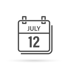 Calendar icon with shadow. July 12, Day, month. Flat vector illustration.