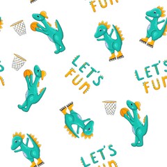 Seamless pattern with dinosaurs in cap play basketball. Vector kids illustration