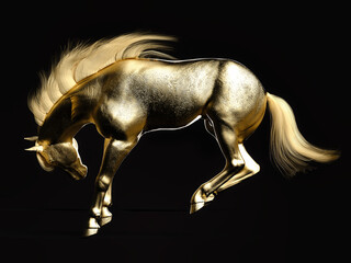 Leaping golden horse statue. 3D illustration. © pictosmith