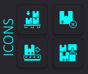 Set Warehouse with boxes, Cardboard on pallet, Carton cardboard and Conveyor belt icon. Black square button. Vector