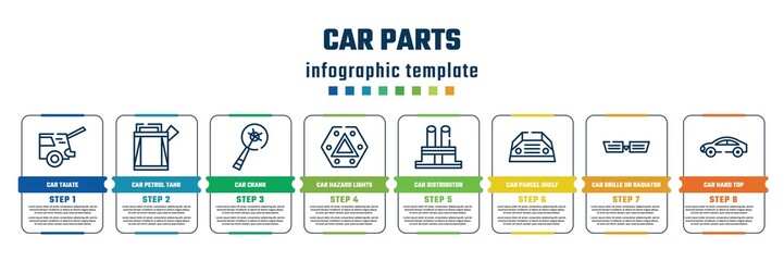 car parts concept infographic design template. included car taiate, car petrol tank, crank, hazard lights, distributor cap, parcel shelf, grille or radiator grille, hard top icons and 8 steps or