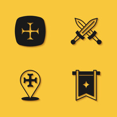Set Crusade, Medieval flag, and Crossed medieval sword icon with long shadow. Vector