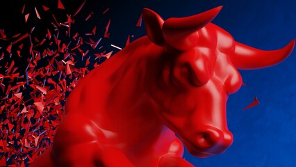 Red painted bull with red particles in dramatic contrasting light representing financial market trends under black-blue background. Concept 3D CG of stock market.