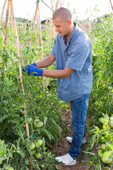 European man working in summer at priven garden