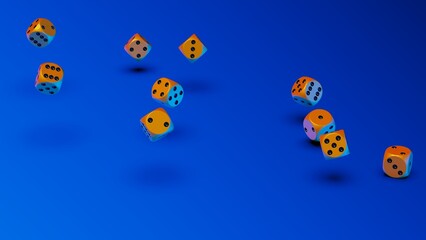 Rolling orange-black dices under 
blue lighting background. Conceptual 3D illustration of establishment statistics, business opportunities, life crossroads and horse race gambling.