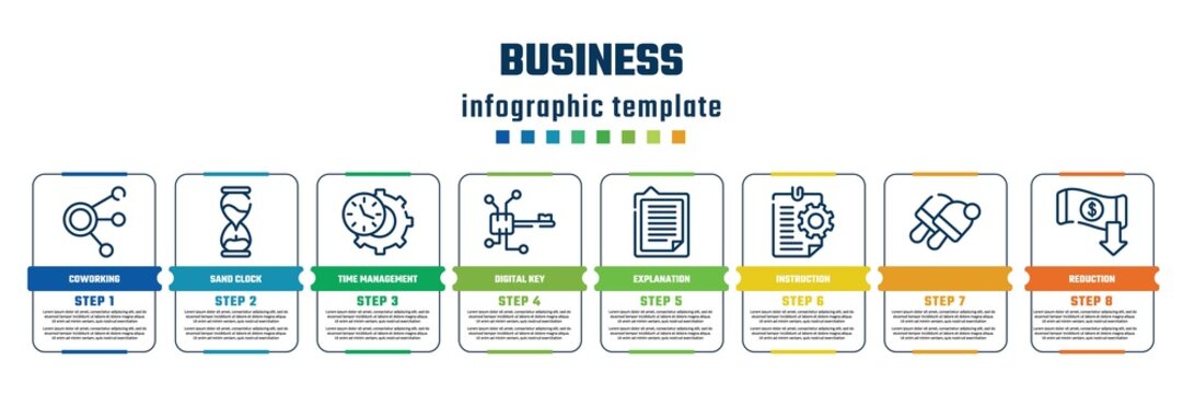 business concept infographic design template. included coworking, sand clock, time management, digital key, explanation, instruction, , reduction icons and 8 steps or options.