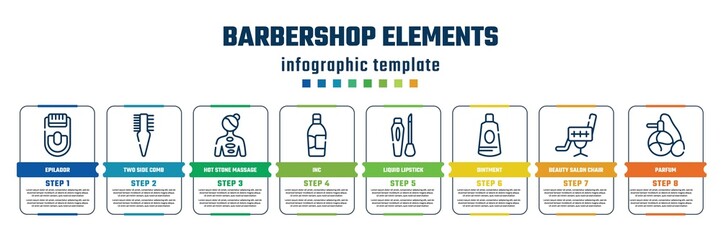 barbershop elements concept infographic design template. included epilador, two side comb, hot stone massage, inc, liquid lipstick, ointment, beauty salon chair, parfum icons and 8 steps or options.