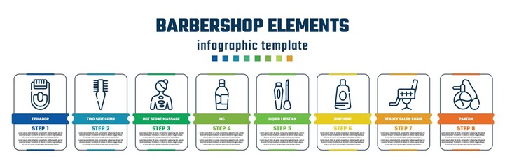 barbershop elements concept infographic design template. included epilador, two side comb, hot stone massage, inc, liquid lipstick, ointment, beauty salon chair, parfum icons and 8 steps or options.