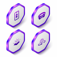 Set Isometric Augmented reality AR, Virtual glasses, 3d modeling and icon. Purple hexagon button. Vector