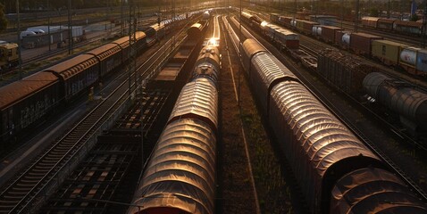 railroad yard with goods on trains