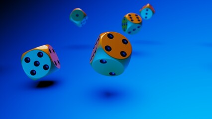 Naklejka premium Rolling orange-black dices under blue lighting background. Conceptual 3D illustration of establishment statistics, business opportunities, life crossroads and horse race gambling.
