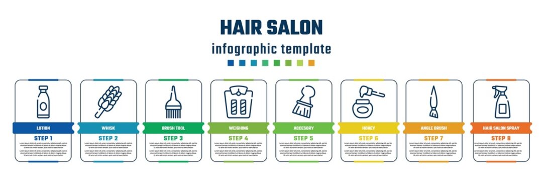hair salon concept infographic design template. included lotion, whisk, brush tool, weighing, accesory, honey, angle brush, hair salon spray bottle and can icons and 8 steps or options.