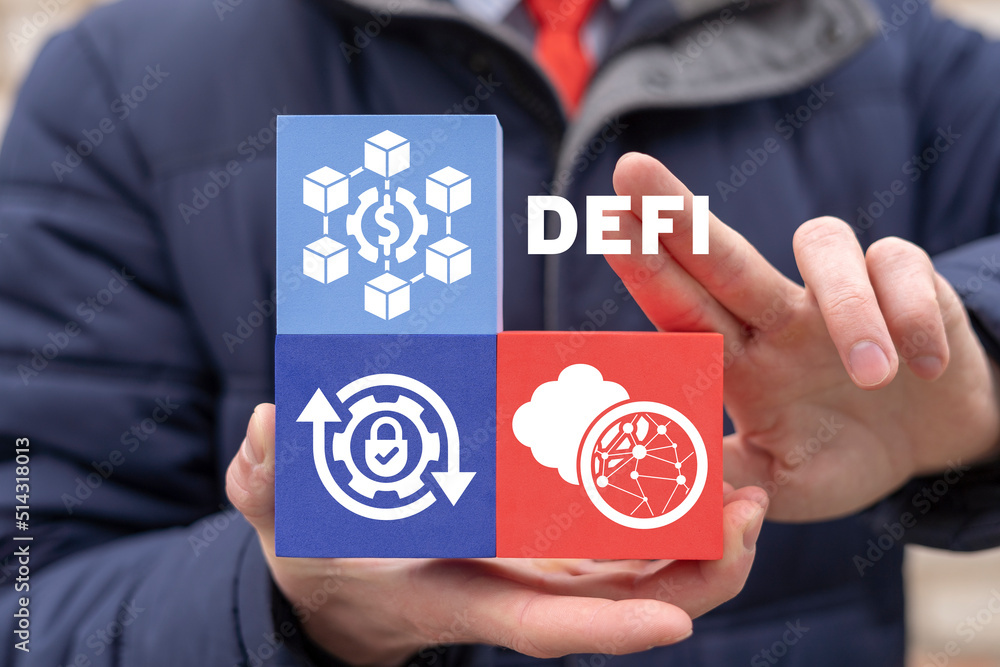 Poster defi decentralized finance concept. man using virtual touchscreen and polysterene foam blocks clicks