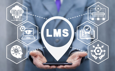 Concept of LMS Learning Management System. E-Learning software application for administration, documentation, tracking, reporting, automation and delivery of educational courses.