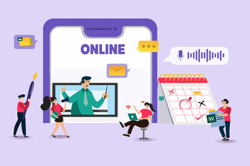 Online meetings Or teach online with video call technology according to the specified schedule. make study at home Quick and easy tutorial, flat illustration. - obrazy, fototapety, plakaty