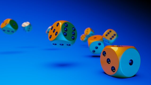 Rolling orange-black dices under 
blue lighting background. Conceptual 3D illustration of establishment statistics, business opportunities, life crossroads and horse race gambling.