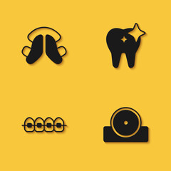 Set Dental tooth plate, Otolaryngological head reflector, Teeth with braces and Tooth whitening icon with long shadow. Vector