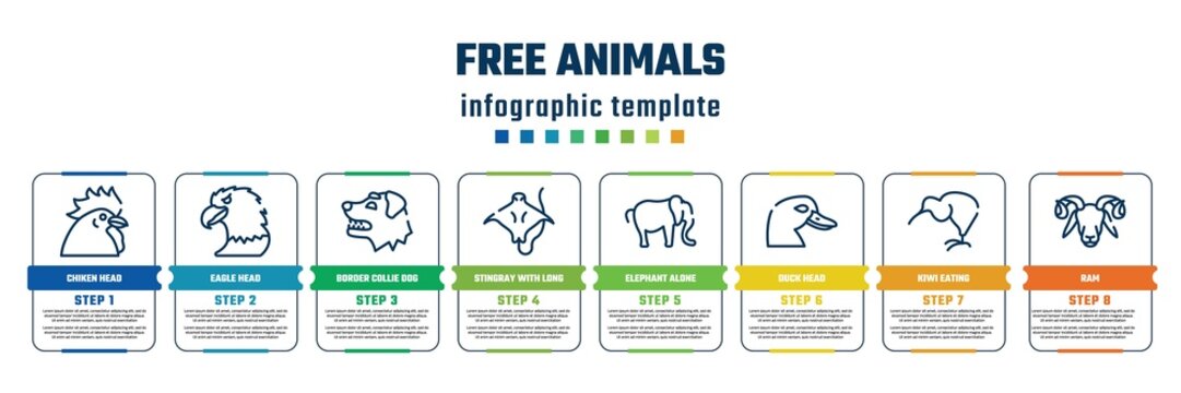 free animals concept infographic design template. included chiken head, eagle head, border collie dog head, stingray with long tail, elephant alone, duck kiwi eating, ram icons and 8 steps or