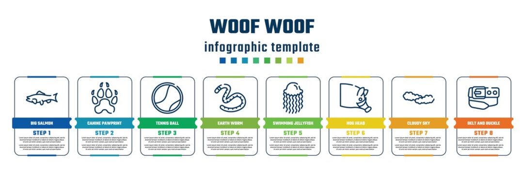 woof woof concept infographic design template. included big salmon, canine pawprint, tennis ball, earth worm, swimming jellyfish, hog head, cloudy sky, belt and buckle icons and 8 steps or options.