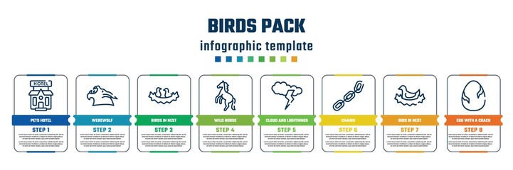 birds pack concept infographic design template. included pets hotel, werewolf, birds in nest, wild horse, cloud and lightnings, chains, bird in nest, egg with a crack icons and 8 steps or options.