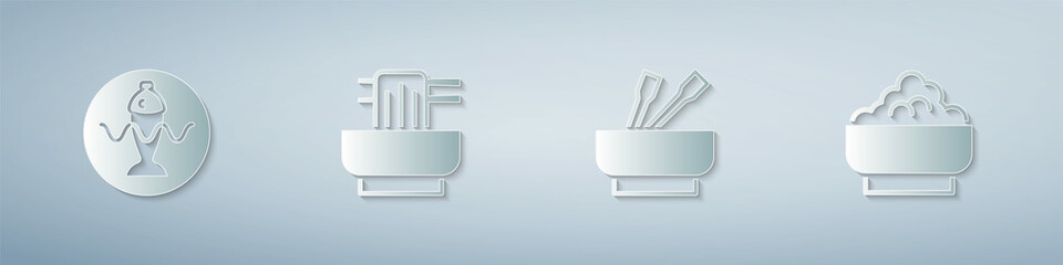 Set Served fish on a plate, Asian noodles in bowl, and Rice. Paper art style. Vector