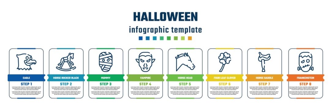 halloween concept infographic design template. included eagle, horse rocker black, mummy, vampire, horse head, four leaf clover, horse saddle, frankenstein icons and 8 steps or options.