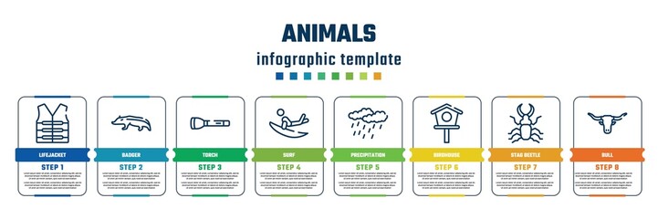 animals concept infographic design template. included lifejacket, badger, torch, surf, precipitation, birdhouse, stag beetle, bull icons and 8 steps or options.