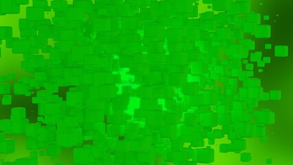 Randomly placed green cubes with blue illumination under green-black background. Concept 3D illustration of block chain, metabase technology and data mining.