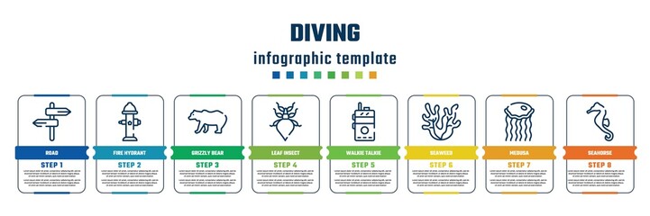 diving concept infographic design template. included road, fire hydrant, grizzly bear, leaf insect, walkie talkie, seaweed, medusa, seahorse icons and 8 steps or options.