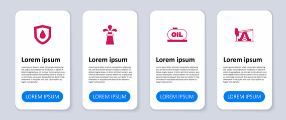 Set Oil pump or pump jack, tank storage, rig and drop on shield. Business infographic template. Vector