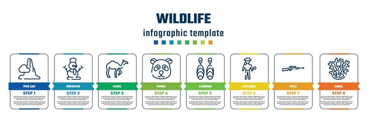 wildlife concept infographic design template. included pico cao, snowman, camel, panda, earrings, explorer, rifle, coral icons and 8 steps or options.