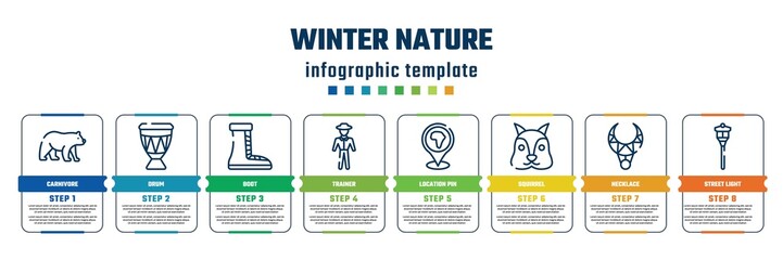winter nature concept infographic design template. included carnivore, drum, boot, trainer, location pin, squirrel, necklace, street light icons and 8 steps or options.
